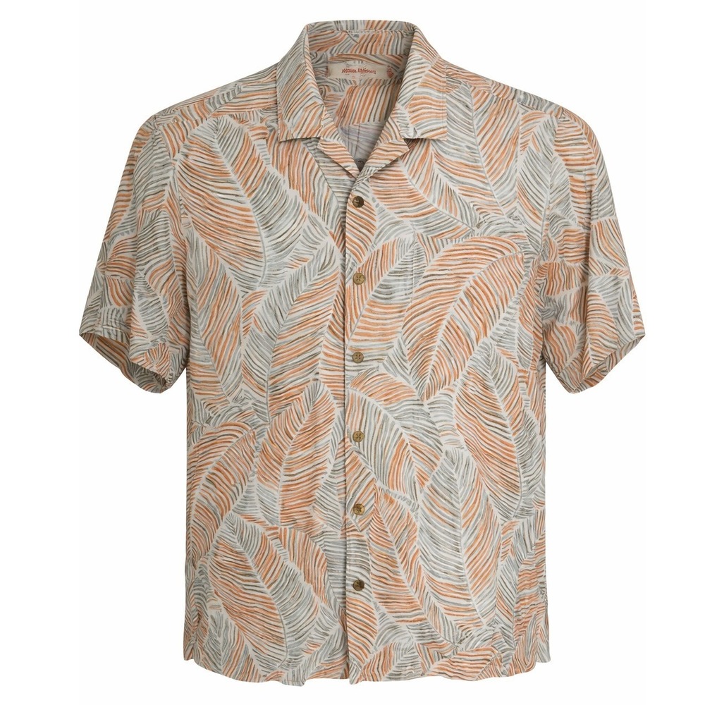 Tommy Bahama Silk Camp Shirt Mens L Large Orange Palm Leaf Jacquard Button Up